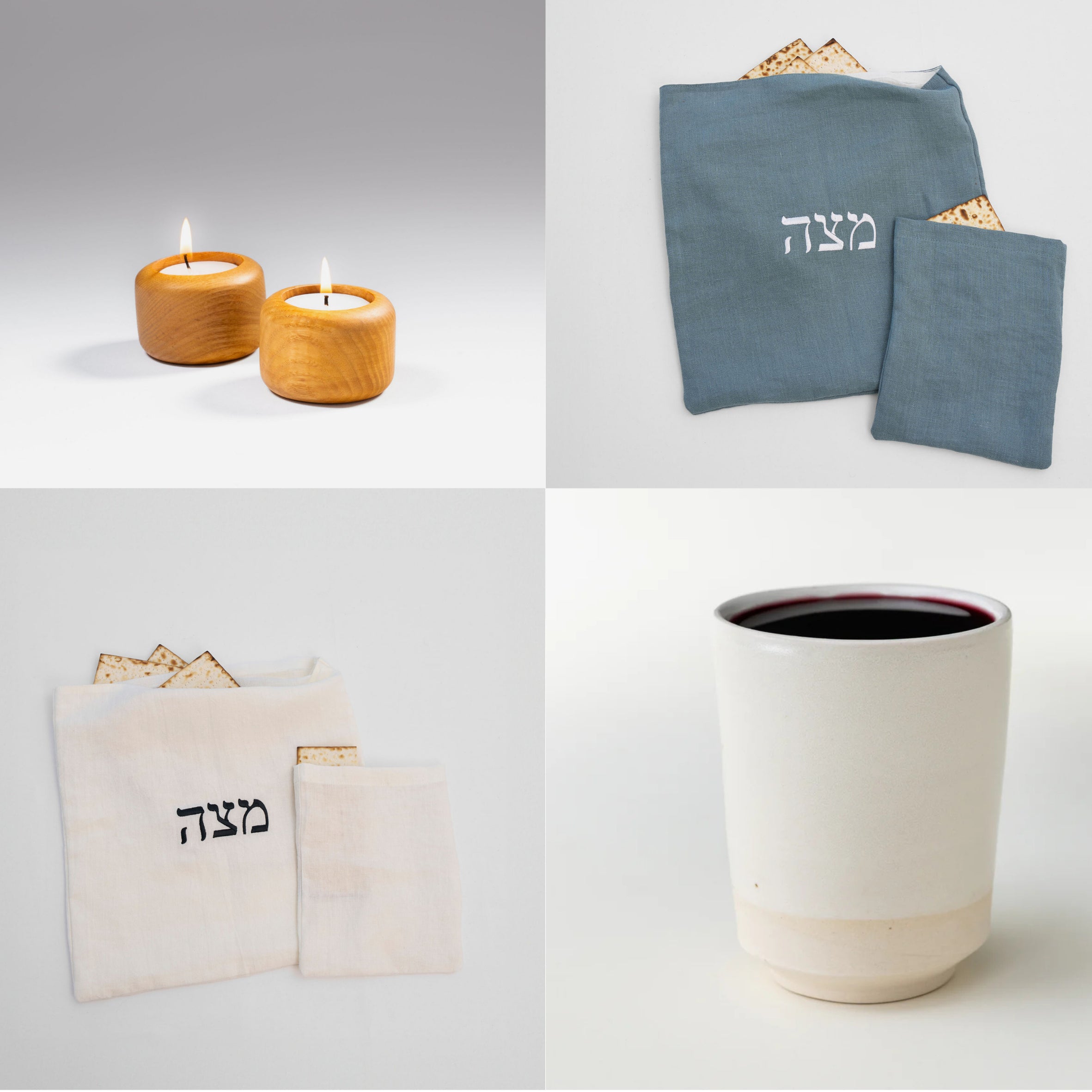 passover essentials set with tealight holders, kiddush cup, and linen matzah bag on a seder table