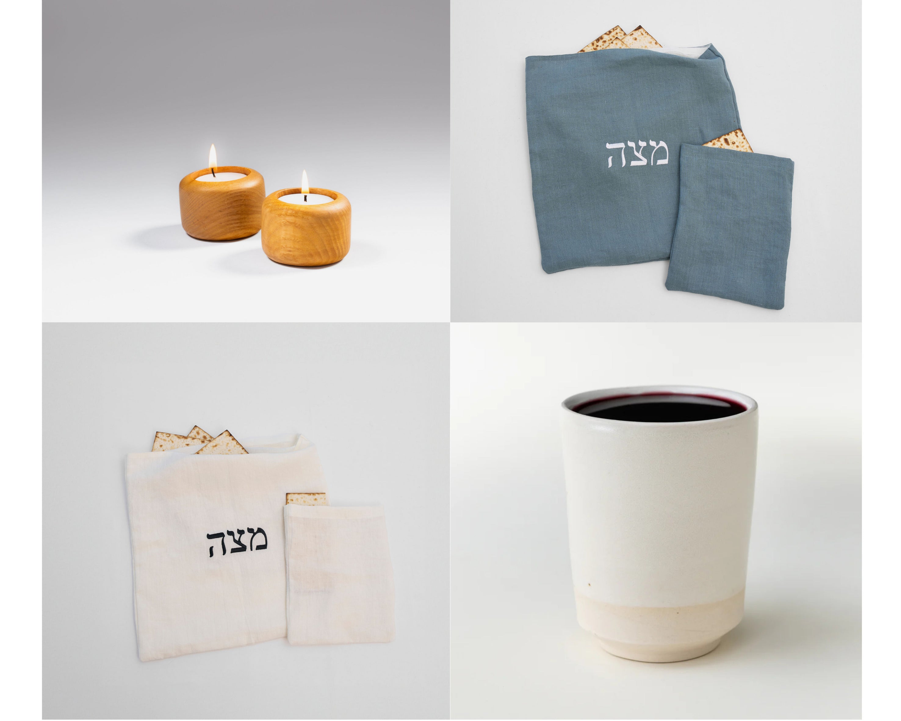 passover essentials set with tealight holders, kiddush cup, and linen matzah bag on a seder table